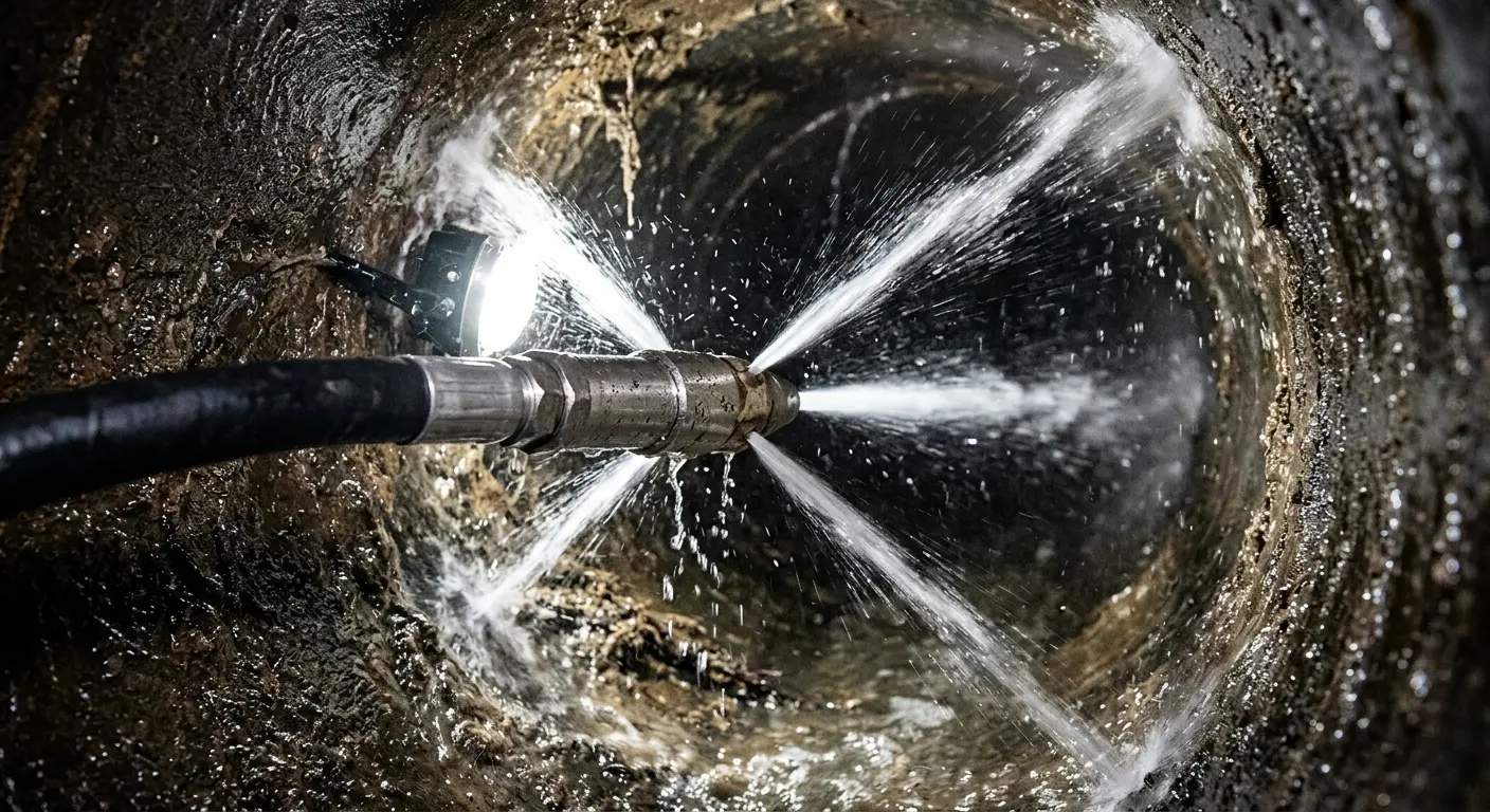 High-pressure hydro jetting nozzle cleaning sewer pipe for Emergency Drain Service in Fishers