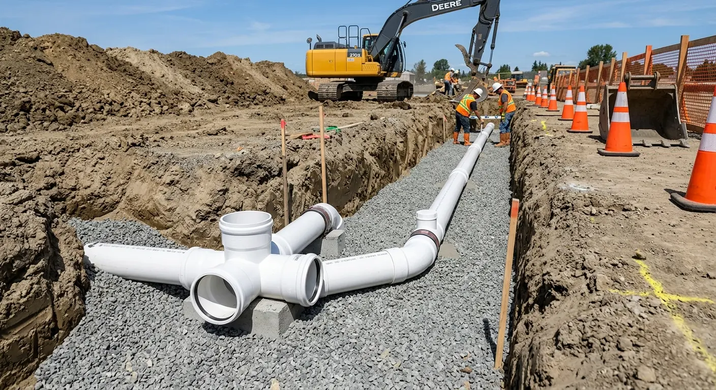 New PVC sewer pipe installation in open trench for Sewer Backup in Fishers