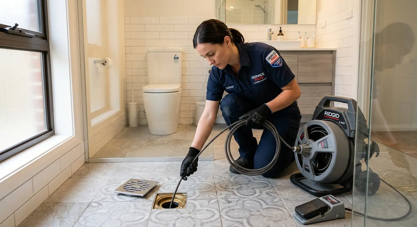 Technician clearing a bathroom floor drain for Clogged Drain Repair in Fishers